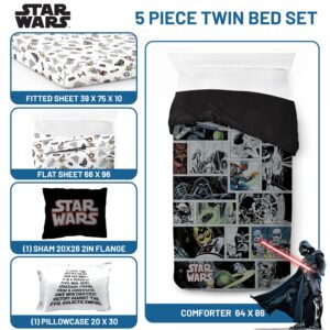 Star Wars Comic Book Twin Size Comforter Set - 5 Piece Bedding Includes Sheet Set & Pillow Covers - Super Soft Cozy Kids Bedding