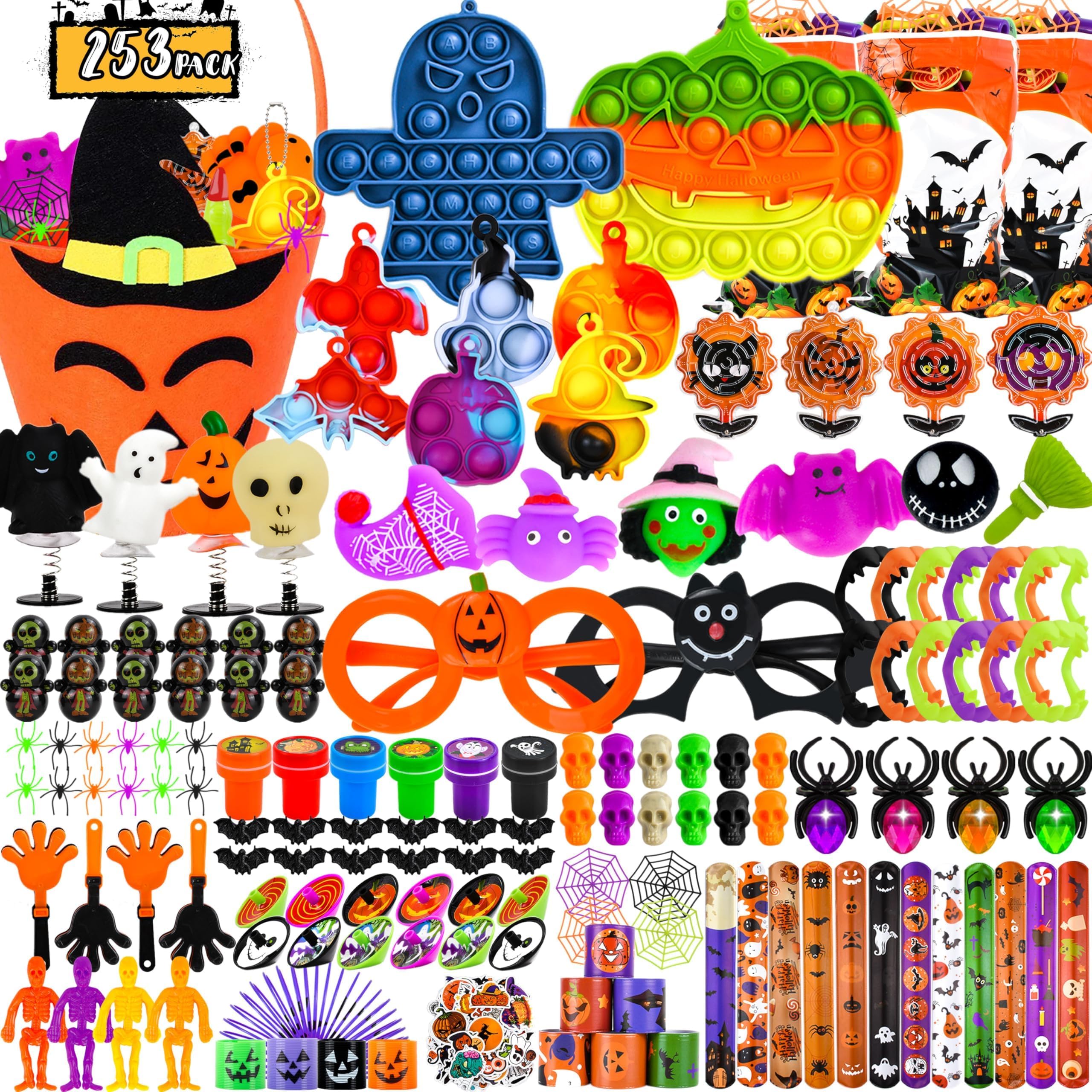 PURPERCAT 253 Pcs Halloween Party Favors Bulk Prizes Box Toys Assortment Trick or Treat Goodie Bag Fillers Pumpkin Bat Glasses Spider Web Halloween Favors for Kids Classroom Prize Classroom Rewards