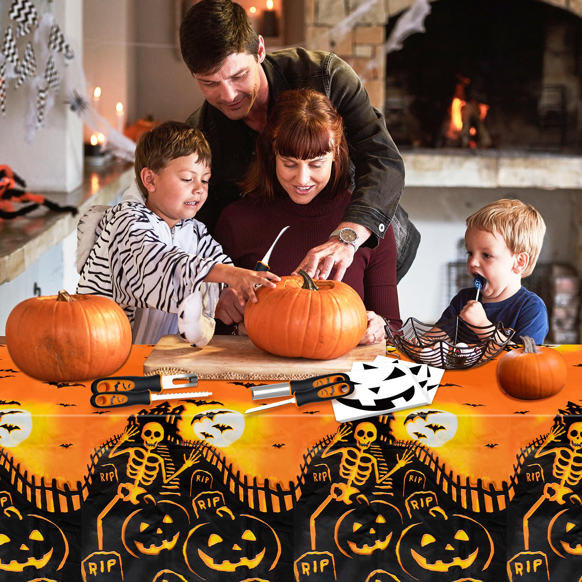 CNhoqc Halloween Pumpkin Carving Tools Set, Stainless Steel Carving Pumpkin Knife Kits with 10pcs Pumpkin Funny Face Stencils, 2pcs Disposable Pumpkin Theme Tablecloths for Fall Halloween Party Decor