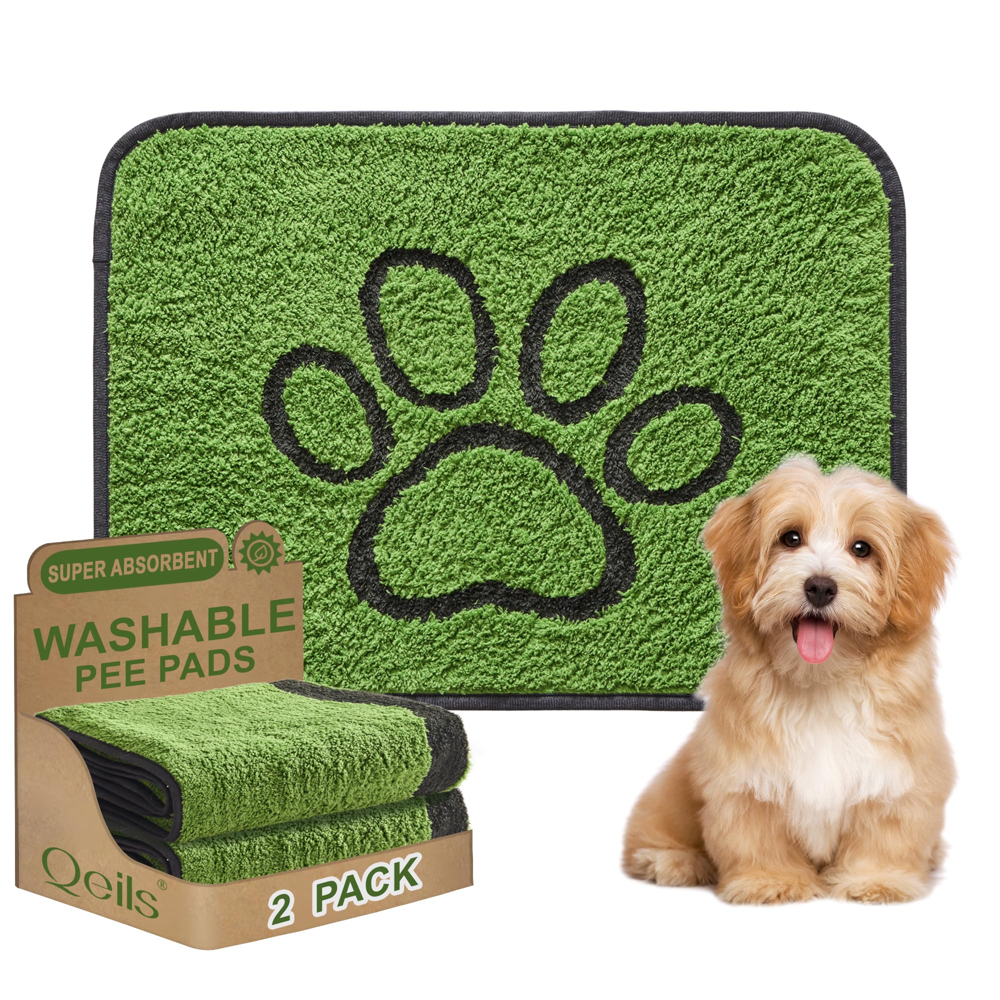 Qeils Washable Pee Pads for Dogs, 2 Pack Super Absorbent Reusable Puppy Pads with Green Long Wool for Potty Training, Floor, Couch, Bed, and Crate,18"x 24"