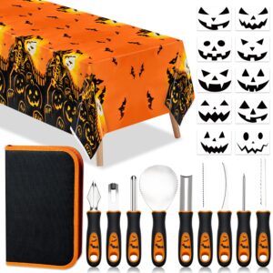 cnhoqc halloween pumpkin carving tools set, stainless steel carving pumpkin knife kits with 10pcs pumpkin funny face stencils, 2pcs disposable pumpkin theme tablecloths for fall halloween party decor