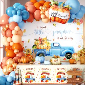 little pumpkin baby shower decorations ,boy fall pumpkin balloon garland arch kit with dusty blue orange blush little pumpkin is on the way backdrop for thanksgiving gender reveal birthday decor