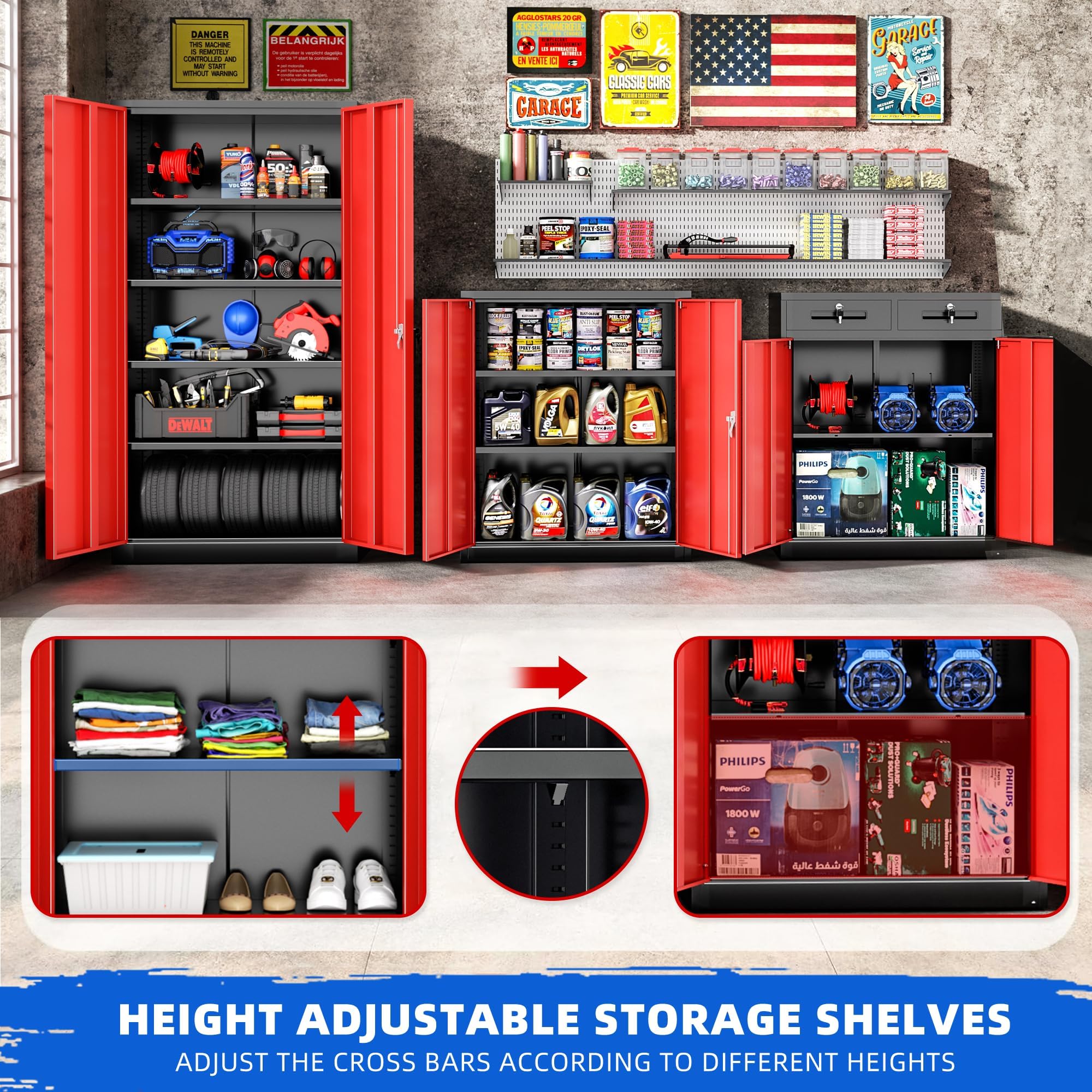 Pataku Metal Storage Cabinet, 72" Garage Cabinet with Doors and Shelves Lockable Steel Multifunctional Cabinet, Tool Cabinet for Garage, File Cabinet for Home, Office, Warehouse(Black Red)