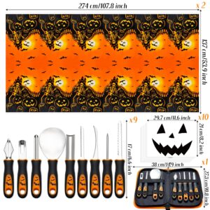 CNhoqc Halloween Pumpkin Carving Tools Set, Stainless Steel Carving Pumpkin Knife Kits with 10pcs Pumpkin Funny Face Stencils, 2pcs Disposable Pumpkin Theme Tablecloths for Fall Halloween Party Decor