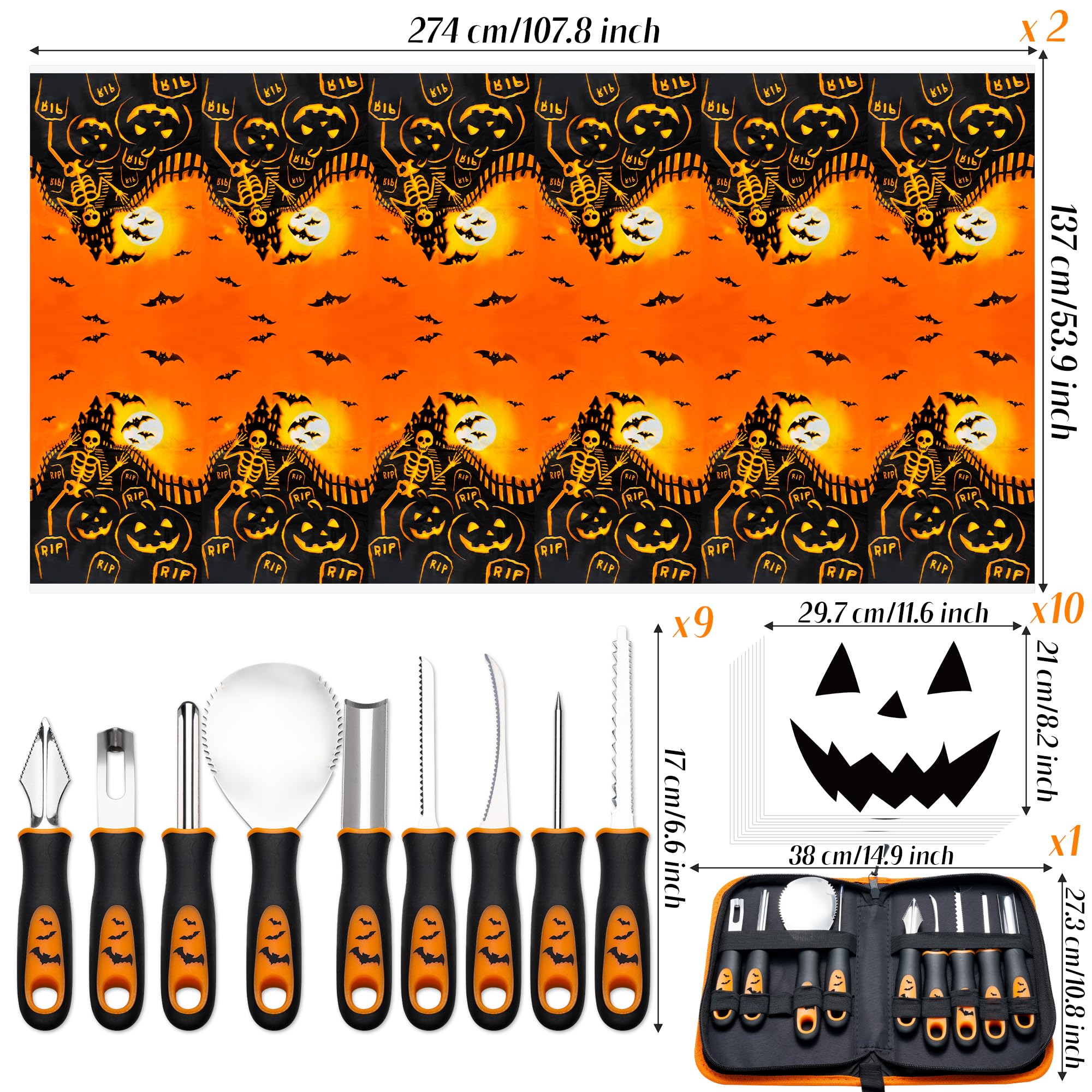 CNhoqc Halloween Pumpkin Carving Tools Set, Stainless Steel Carving Pumpkin Knife Kits with 10pcs Pumpkin Funny Face Stencils, 2pcs Disposable Pumpkin Theme Tablecloths for Fall Halloween Party Decor