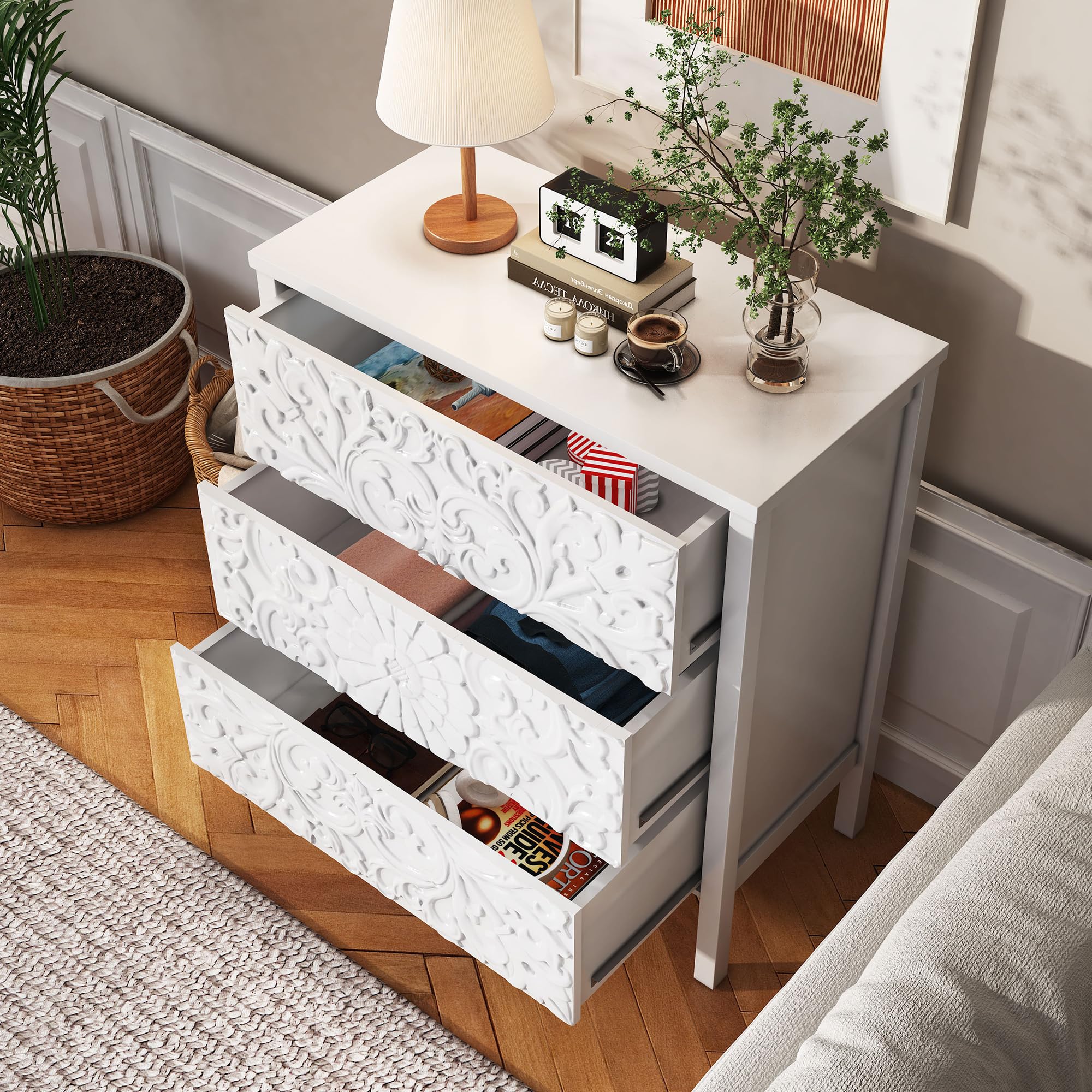 PHOYAL 3-Drawer Dresser Chest, Modern Wooden Flower Motif Dresser with Wide Storage Space Chest of Drawers Bedside Nightstand Dresser Closet for Living Room Bedroom, Hallway (White)