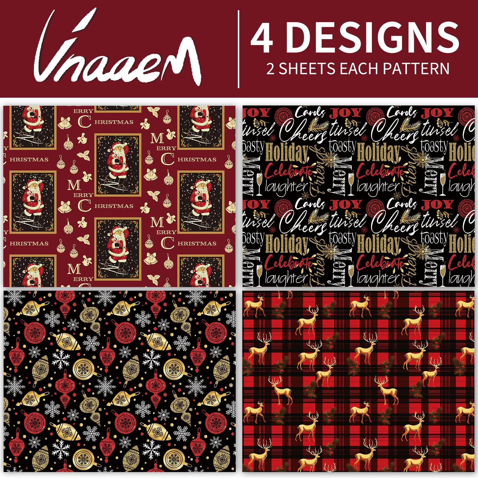 Vnaaem Vintage Christmas Wrapping Paper Red Black Gift Wrap Christmas Text Bufflao Plaid and Reindeer Design for Holiday Party Celebration - 20 X 28Inches Per Sheet(8 Pack)