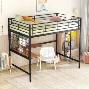 Black Full Loft Bed with Desk & Metal Grid, Metal Loft Bed Full Size with Safety Guardrails and Ladders, High Loft Bed Frame for Teens, Adults, No Box Spring Needed