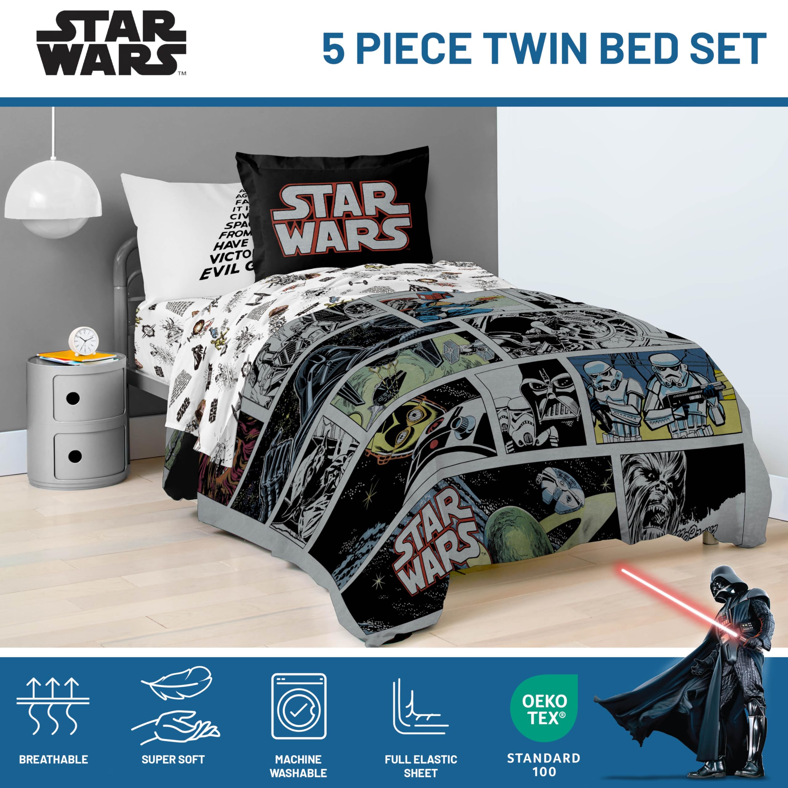 Star Wars Comic Book Twin Size Comforter Set - 5 Piece Bedding Includes Sheet Set & Pillow Covers - Super Soft Cozy Kids Bedding