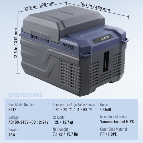 VEVOR NL12, 12 Volt Car Refrigerator Fridge, 12 L Single Zone Portable Freezer, -4℉-68℉ Adjustable Range, 12/24V DC and 100-240V AC Compressor Cooler for Outdoor, Camping, RV, Bule and grey