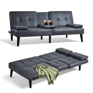 colamy futon sofa bed-leather small futon couch, futon lounge sofa, futon convertible with cup holder, removable armrest, adjustable backrest darkgrey