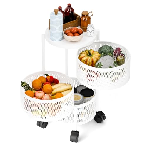 curfair Rotating Storage Rack for Kitchen, 3/4/5 Tier Circular Rotating Storage Shelf Kitchen Storage Cart, Fruit Metal Wire Basket Shelf for Kitchen,Living,Room and Bathroom White Four Layer