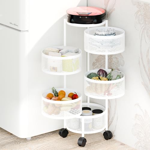 curfair Rotating Storage Rack for Kitchen, 3/4/5 Tier Circular Rotating Storage Shelf Kitchen Storage Cart, Fruit Metal Wire Basket Shelf for Kitchen,Living,Room and Bathroom White Four Layer