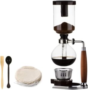 peoxo 5 cup,premium siphon coffee maker with wooden handle - vacuum brewer pot, japanese syphon machine, glass drip coffee maker set,comes with 10 sheets of coffee filter cloths 600ml