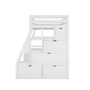 Twin Size Loft Bed with Stairs and Desk, Wood Loft Beds with Cabinet and 7 Drawers, High Loft Bed Frame with Shelves and Step for Kids, Teen, Boys, Girls, White