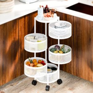 curfair rotating storage rack for kitchen, 3/4/5 tier circular rotating storage shelf kitchen storage cart, fruit metal wire basket shelf for kitchen,living,room and bathroom white four layer