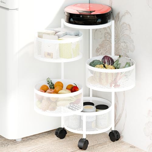 curfair Rotating Storage Rack for Kitchen, 3/4/5 Tier Circular Rotating Storage Shelf Kitchen Storage Cart, Fruit Metal Wire Basket Shelf for Kitchen,Living,Room and Bathroom White Four Layer