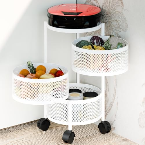 curfair Rotating Storage Rack for Kitchen, 3/4/5 Tier Circular Rotating Storage Shelf Kitchen Storage Cart, Fruit Metal Wire Basket Shelf for Kitchen,Living,Room and Bathroom White Four Layer