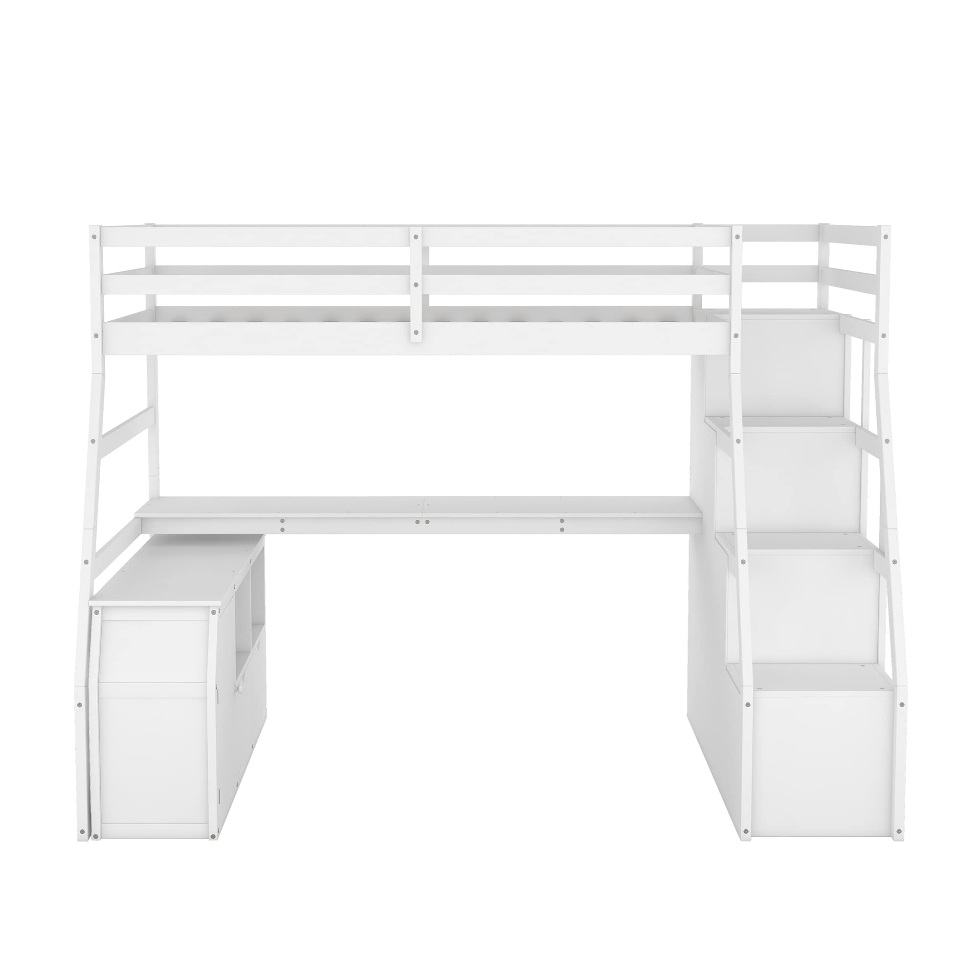 Twin Size Loft Bed with Stairs and Desk, Wood Loft Beds with Cabinet and 7 Drawers, High Loft Bed Frame with Shelves and Step for Kids, Teen, Boys, Girls, White