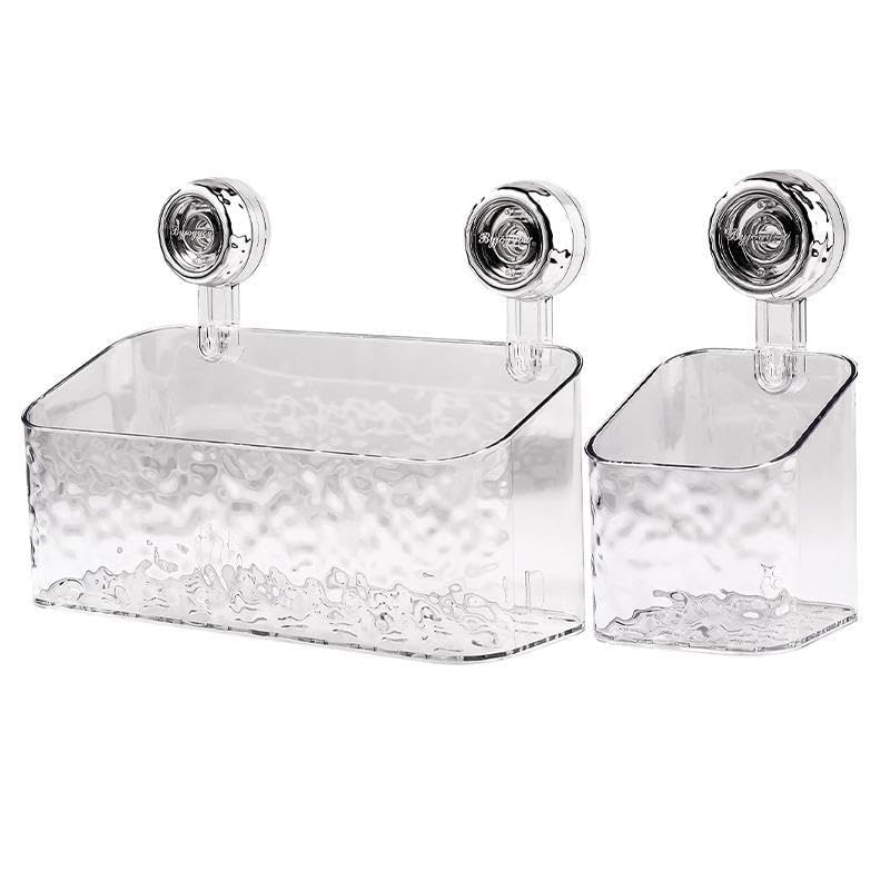 Suction Cup Shelf, Plastic Shower Caddy, Light Luxury Glacier Pattern Suction Cup Shelf Wall Mounted Organizer Shelf NO-Drilling Removable Shower Basket for Home (Transparent white, Large+Small)