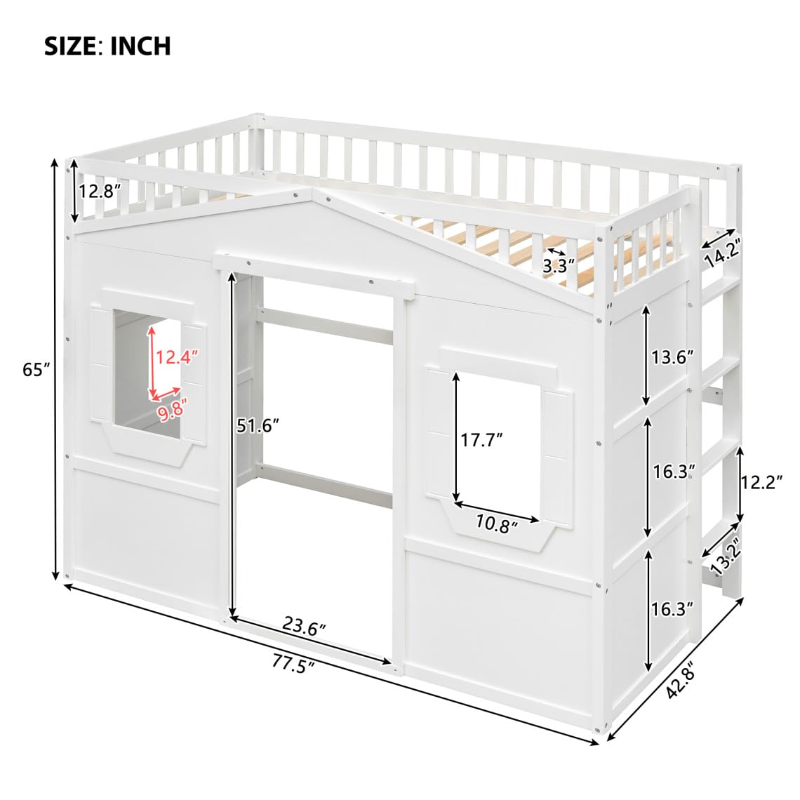 TURRIDU Twin Size Designs House Loft Bed, House Bed Frame with Ladder and Safety Guardrails,Ki-ds Playhouse Bed with Window and Ladder,for Girls Boys, White