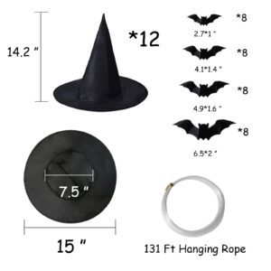 Orgrimmar 12 PCS Halloween Witch Hats with Hanging Pope, 32 3D PCS Bat Stickers for Halloween Party Decorations, Outdoor and Indoor Hanging Decorations