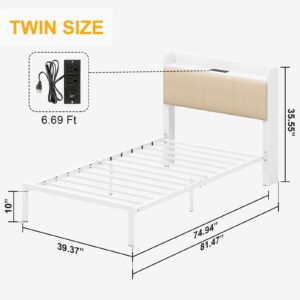 Elephance Twin Size Bed Frames with Charging Station and Storage Headboard, No Box Spring Needed, Easy Assembly