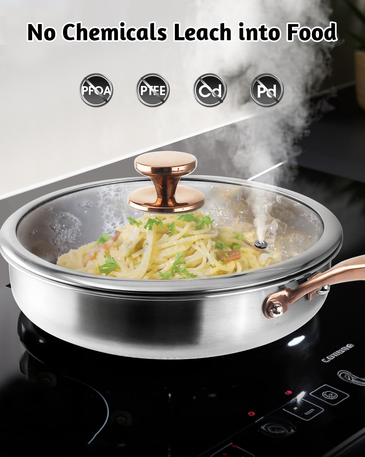 Bakpoco Tri-Ply Stainless Steel Pan with Lid, 12 inch Frying Pan Fully Clad Sauté Pan Induction-Ready Skillet Up to 600℉, 18/10 Stainless Steel Clad Pan with Copper Handle