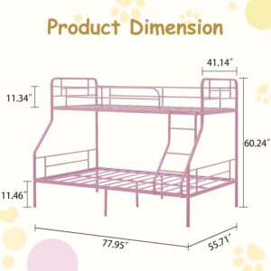 Bunk Bed Twin Over Full, Bunk Beds Twin Over Full with Metal Guardrail and Ladder, Space-Saving, Heavy Duty Queen Bunk Bed for Boys, Girls, Teens, Adult,No Box Spring Needed (Pink)