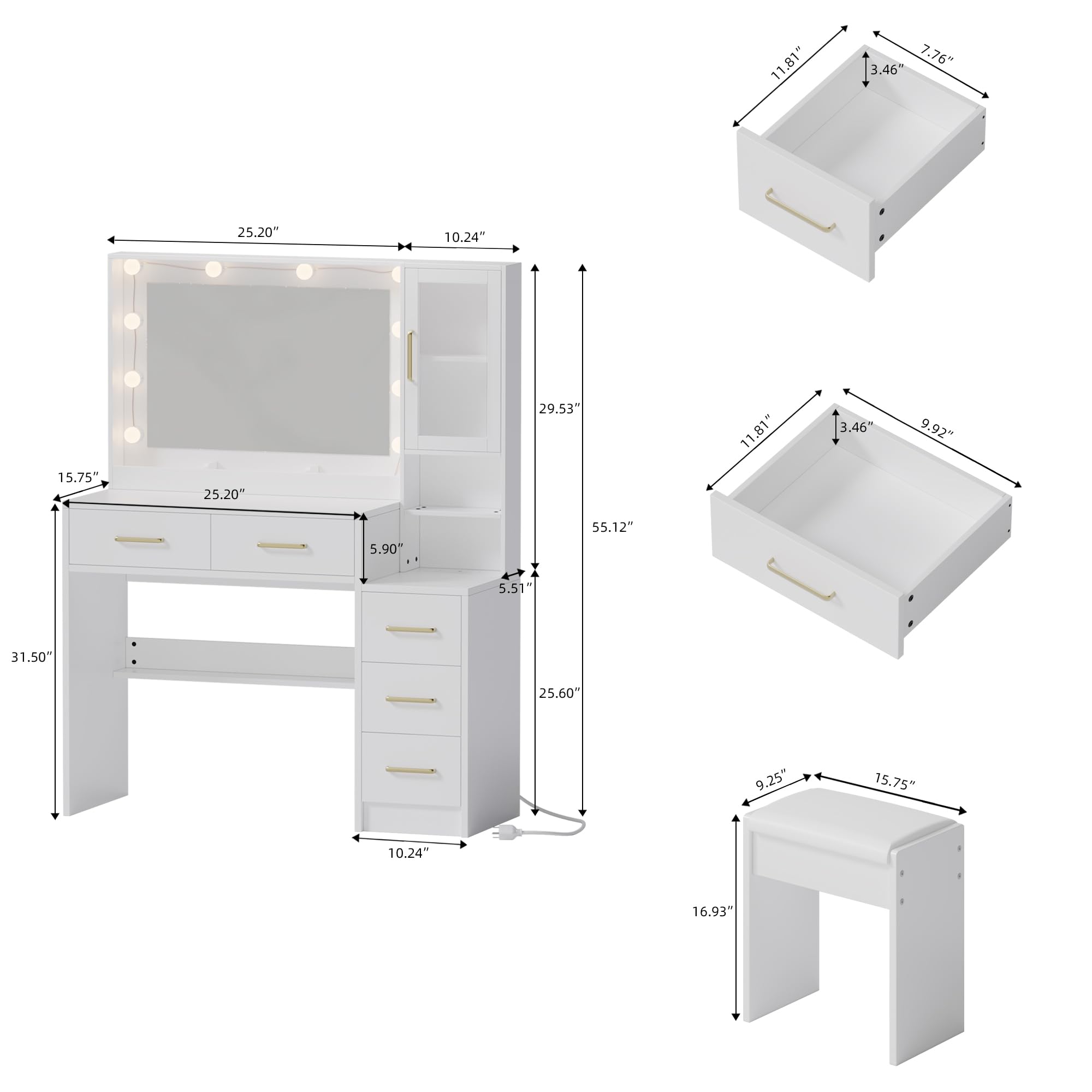 35.4" Makeup Vanity Desk with Charging Station, White Makeup Dressing Table with Mirror & Lights, 3 Lighting Modes Adjustable Brightness, Vanity Table with Power Outlet &5 Drawers Gold Handle