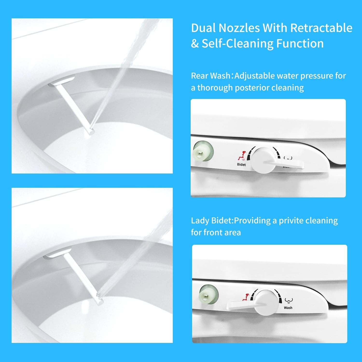 Bidet Toilet Seat Elongated Seats Non-electric Self Cleaning Dual Mode Nozzles Quiet-close Easy Installation White Plastic Includes Hardware