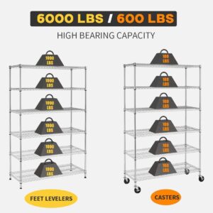 6-Tier Storage Shelves Wire Shelving with Wheels Heavy Duty Metal Shelves Tall Steel Shelving Units Adjustable 6000lbs Capacity Rolling Shelf Racks for Restaurant Garage Pantry Kitchen, Chrome