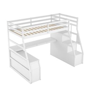 Twin Size Loft Bed with Stairs and Desk, Wood Loft Beds with Cabinet and 7 Drawers, High Loft Bed Frame with Shelves and Step for Kids, Teen, Boys, Girls, White