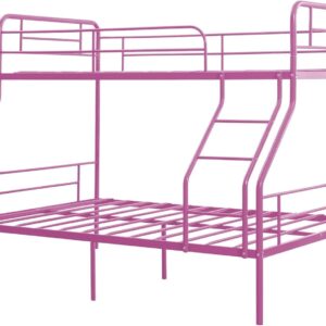 Bunk Bed Twin Over Full, Bunk Beds Twin Over Full with Metal Guardrail and Ladder, Space-Saving, Heavy Duty Queen Bunk Bed for Boys, Girls, Teens, Adult,No Box Spring Needed (Pink)