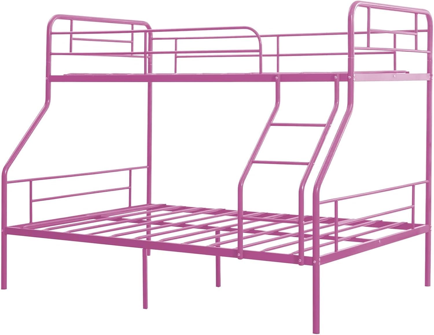 Bunk Bed Twin Over Full, Bunk Beds Twin Over Full with Metal Guardrail and Ladder, Space-Saving, Heavy Duty Queen Bunk Bed for Boys, Girls, Teens, Adult,No Box Spring Needed (Pink)