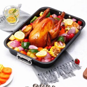 Nonstick Small Roaster Pan with Flat Rack Chicken Turkey Roaster Tray Oven Baking Cake Bread Pans Cooking Lasagna with Stainless Steel Handles,11-Inch x 15-Inch