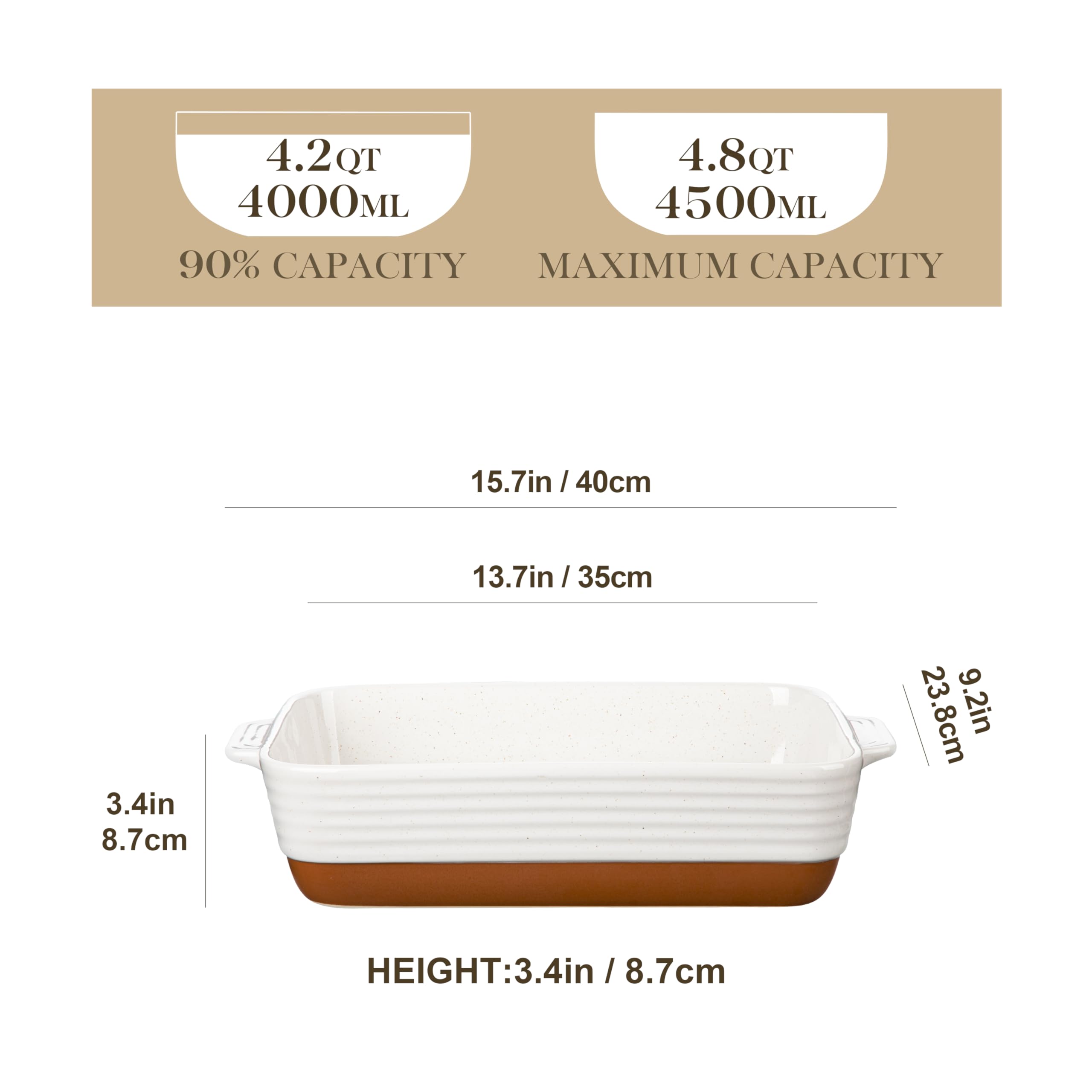 MALACASA 4.8 Quarts Ceramic Baking Dish with Handles, 9 x 13 Inches Casserole Dish, Deep Rectangular Lasagna Pan, Khaki & White Oven Safe Bakeware for Baking, Roasting, Series Tara