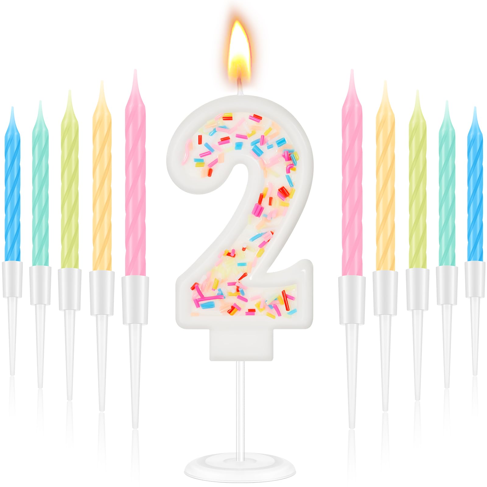 MTLEE Number 2 Happy Birthday Candle 3D Number Candle with Sprinkles Cute Number Candles Cake Topper with 10 Long Thin Rainbow Spiral Candles for Girls Women Anniversary Wedding Party Decor