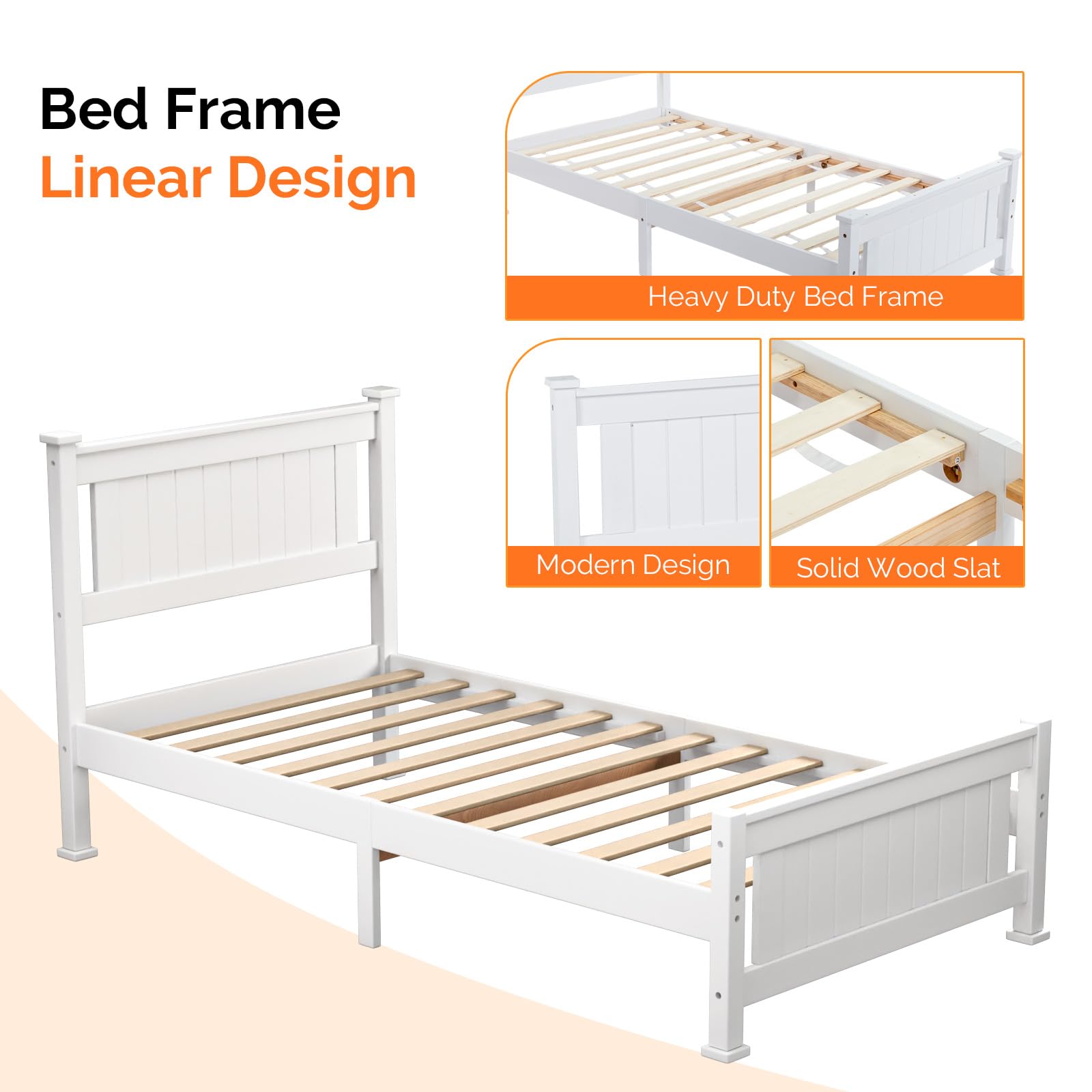 VINGLI Twin Size Bed Frame with 4 Drawers on Wheels and Headboard, Twin Wood Platform Bed with Storage Underneath, Mattress Foundation with Wooden Slats Support, No Box Spring Needed, White