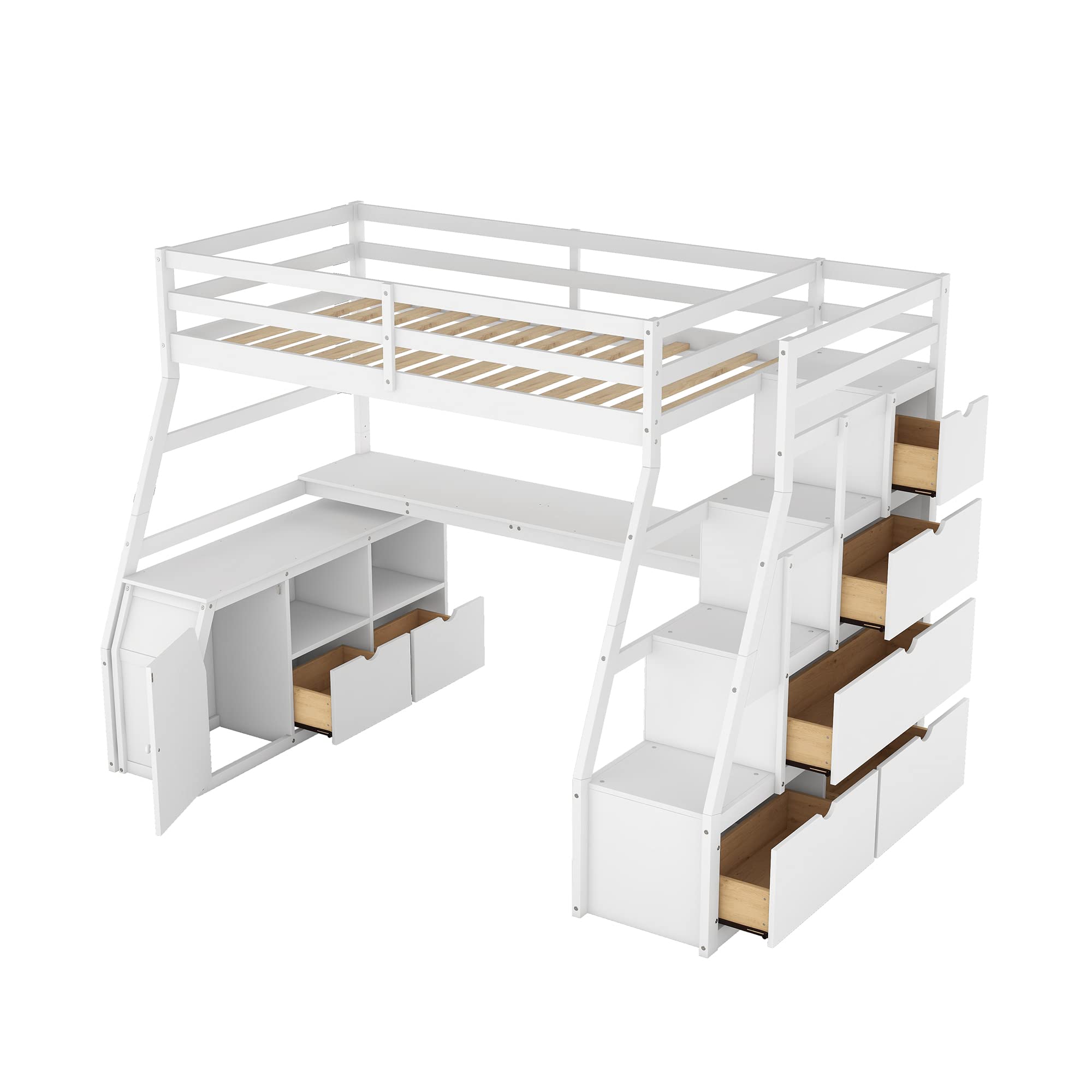 Twin Size Loft Bed with Stairs and Desk, Wood Loft Beds with Cabinet and 7 Drawers, High Loft Bed Frame with Shelves and Step for Kids, Teen, Boys, Girls, White