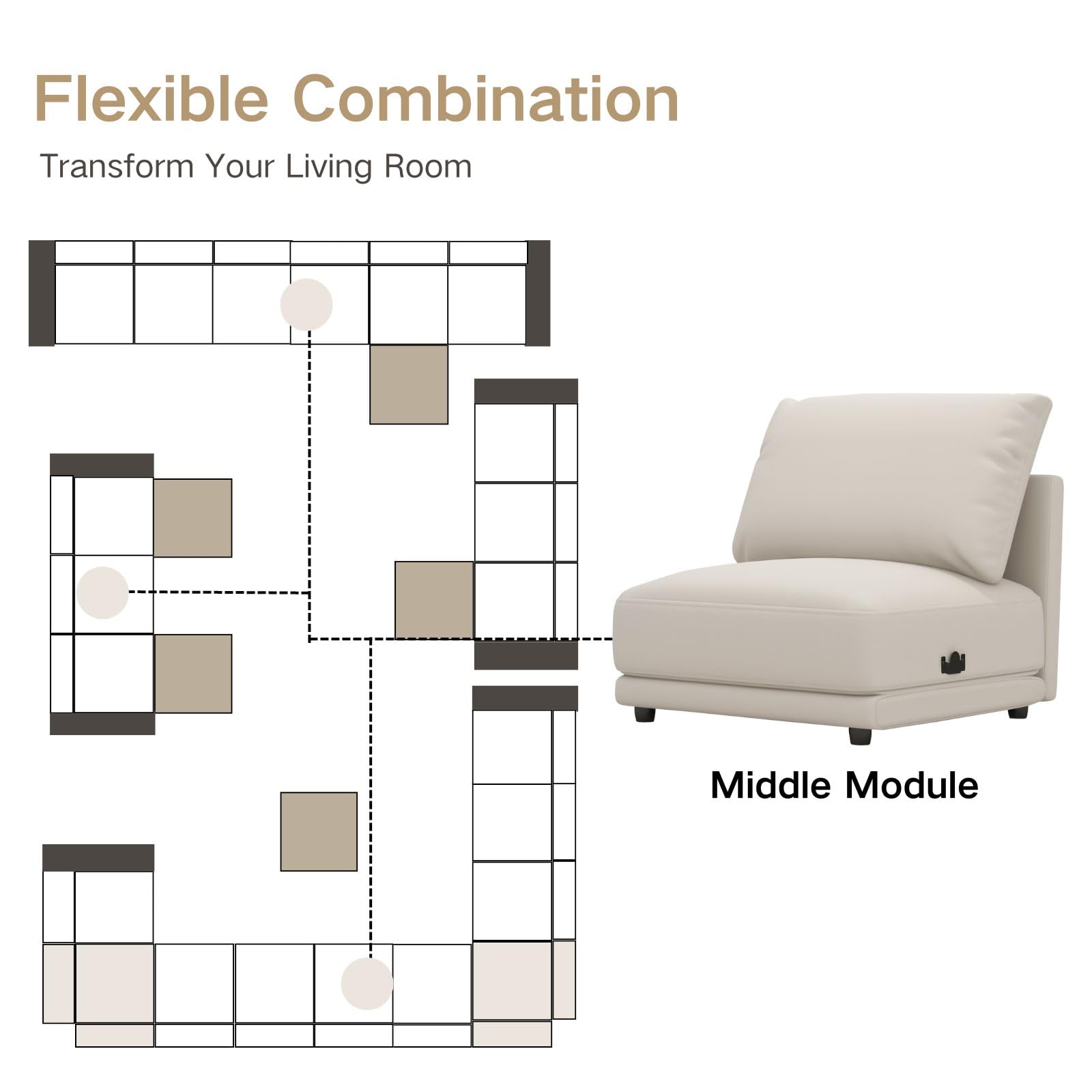 DAYALANE Middle Module for Modular Sectional Sofa, Upholstered Single Couch PU Leather Armchair, Comfy Couch Seat for Living Room, Studio, Office, Apartment, Off White