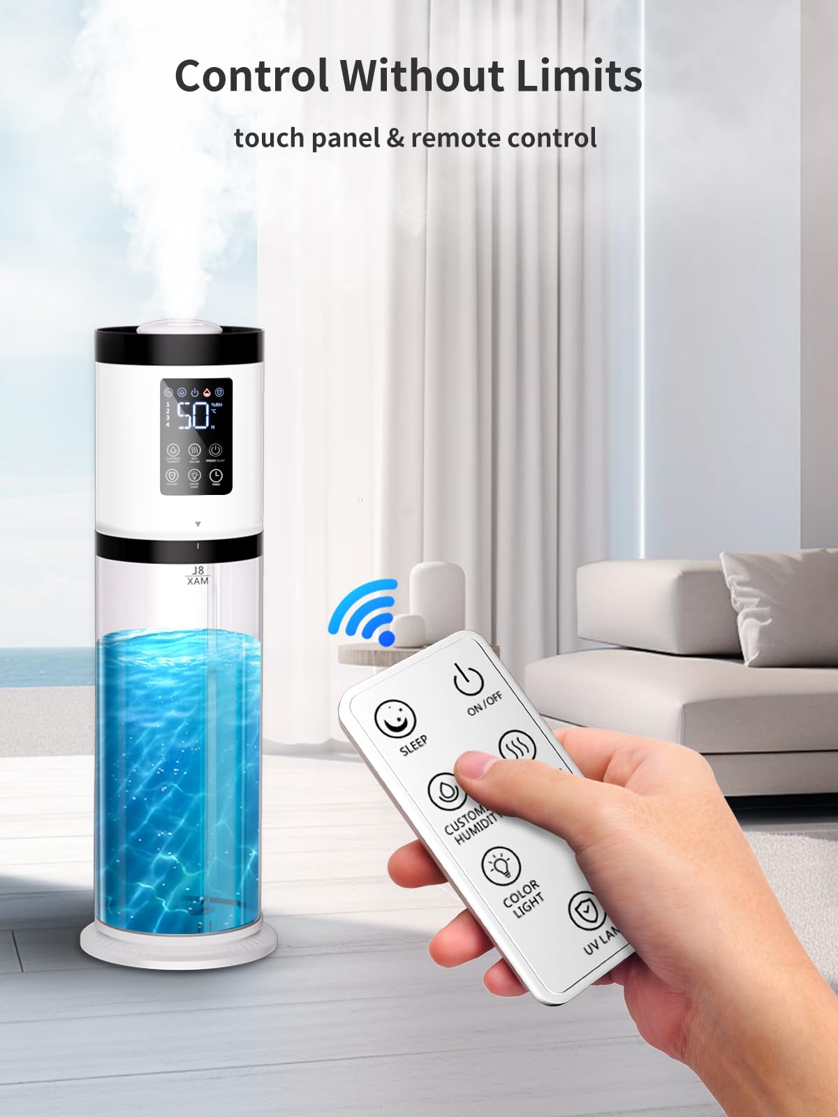 Humidifiers for Bedroom Large Room, 8L Large Capacity Cool Mist Humidifier, Air Humidifiers for Home, Smart Humidity Setting, Easy Top Fill, Sleep Mode, Essential Oil Box & Ambient Light, Auto Shutoff