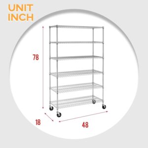 6-Tier Storage Shelves Wire Shelving with Wheels Heavy Duty Metal Shelves Tall Steel Shelving Units Adjustable 6000lbs Capacity Rolling Shelf Racks for Restaurant Garage Pantry Kitchen, Chrome