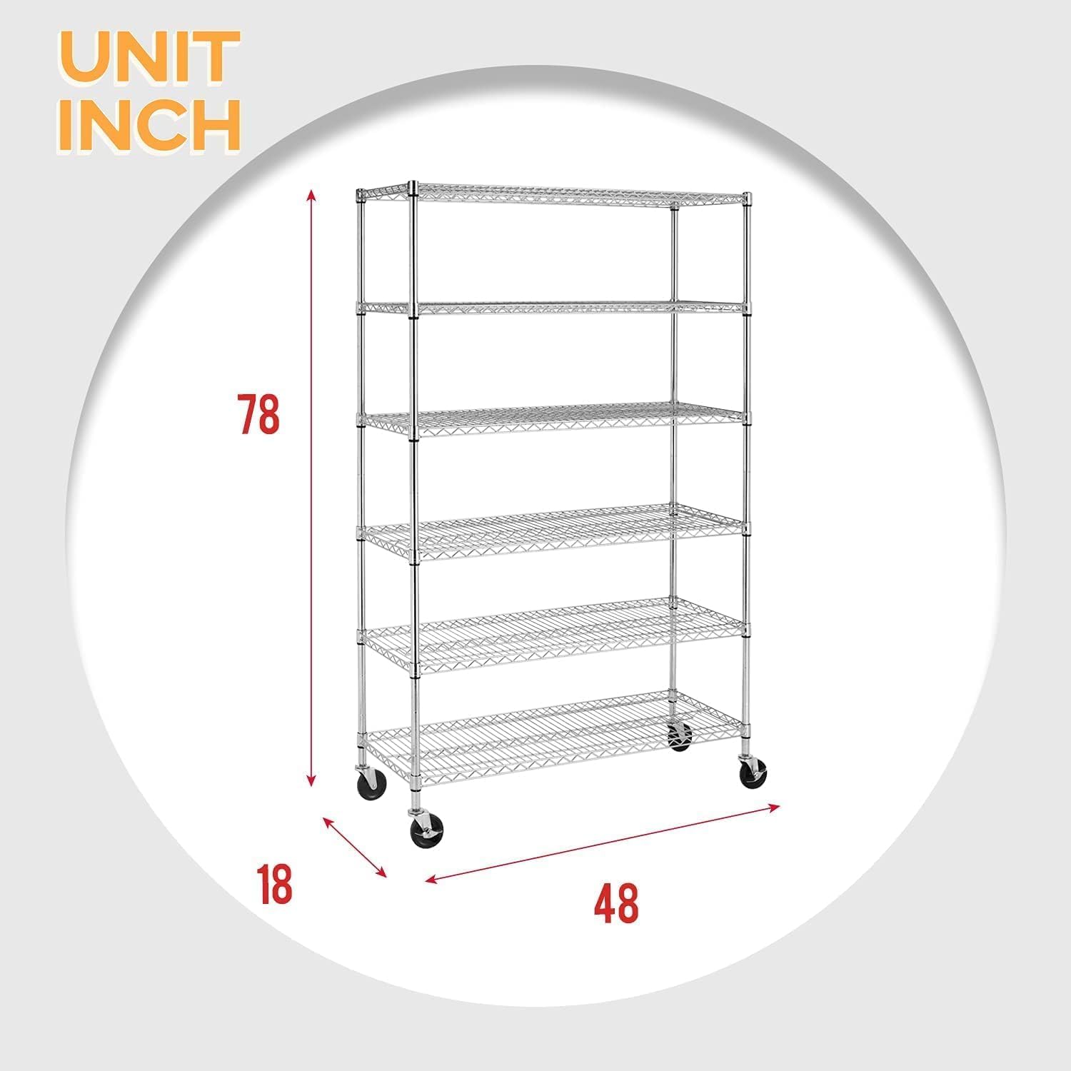 6-Tier Storage Shelves Wire Shelving with Wheels Heavy Duty Metal Shelves Tall Steel Shelving Units Adjustable 6000lbs Capacity Rolling Shelf Racks for Restaurant Garage Pantry Kitchen, Chrome