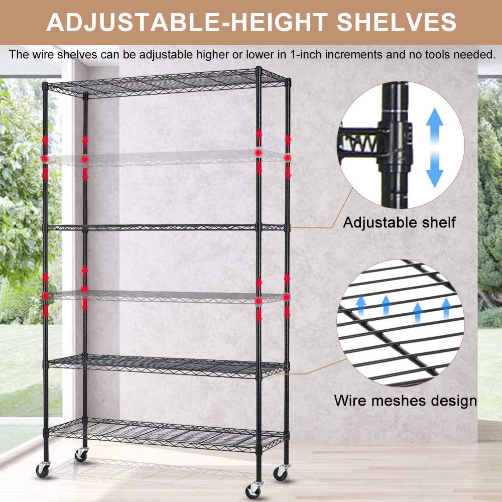 Generic 6-Tier Storage Shelves Wire Shelving with Wheels Heavy Duty Metal Shelves Tall Steel Shelving Units Adjustable 2100lbs Capacity Rolling Shelf Racks for Restaurant Garage Pantry Kitchen, Black