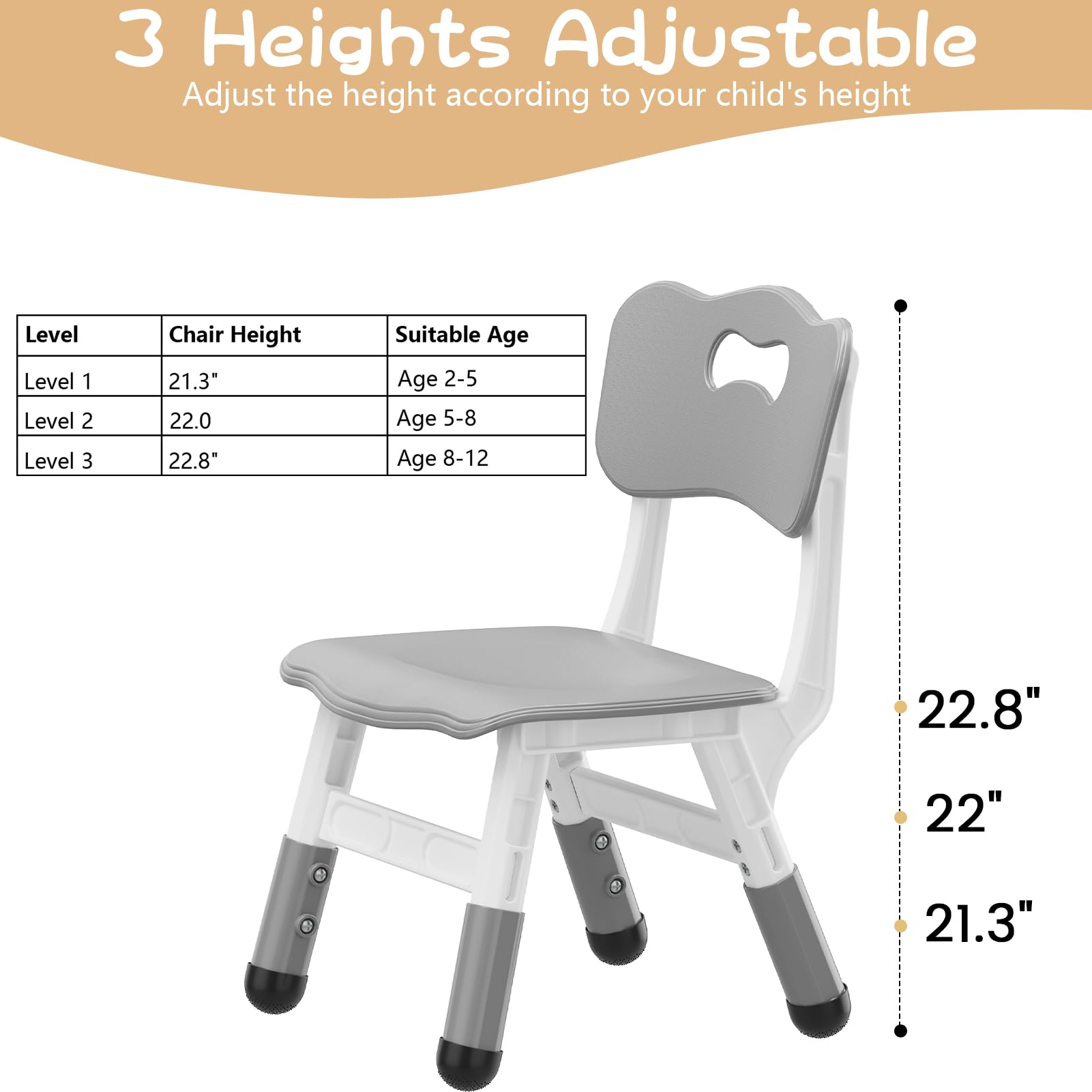 Kids Chair Set of 2, 3 Level Height Adjustable Kid Chair, Plastic Toddler Chairs for Children Boys Girls Age 2-6, Suitable for Home Family Classroom Nursery Indoor Use, Grey