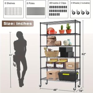 Generic 6-Tier Storage Shelves Wire Shelving with Wheels Heavy Duty Metal Shelves Tall Steel Shelving Units Adjustable 2100lbs Capacity Rolling Shelf Racks for Restaurant Garage Pantry Kitchen, Black