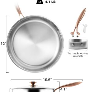 Bakpoco Tri-Ply Stainless Steel Pan with Lid, 12 inch Frying Pan Fully Clad Sauté Pan Induction-Ready Skillet Up to 600℉, 18/10 Stainless Steel Clad Pan with Copper Handle