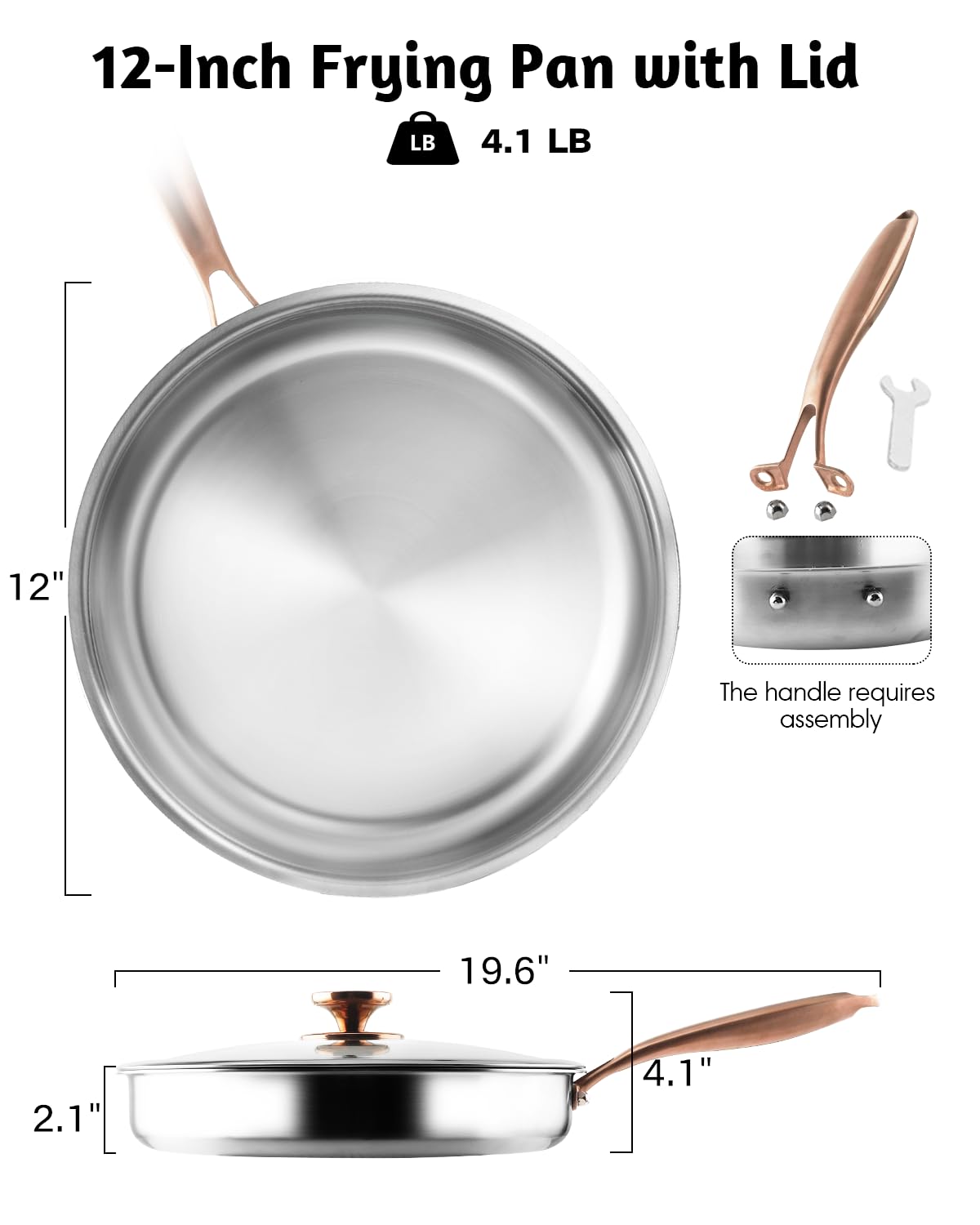 Bakpoco Tri-Ply Stainless Steel Pan with Lid, 12 inch Frying Pan Fully Clad Sauté Pan Induction-Ready Skillet Up to 600℉, 18/10 Stainless Steel Clad Pan with Copper Handle