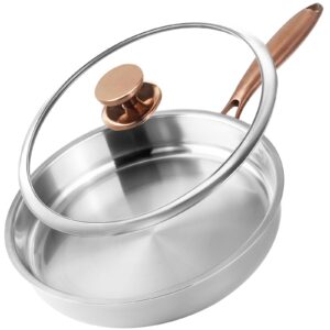 bakpoco tri-ply stainless steel pan with lid, 12 inch frying pan fully clad sauté pan induction-ready skillet up to 600℉, 18/10 stainless steel clad pan with copper handle